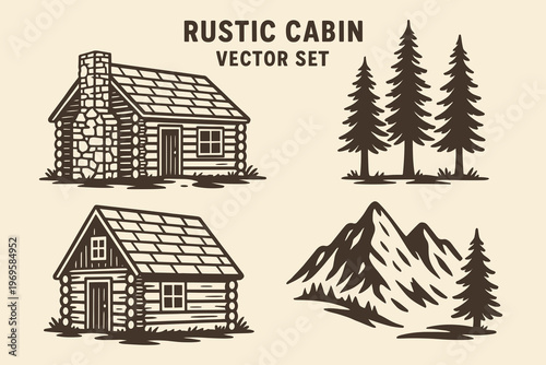 Versatile vector collection of rustic cabins, trees, and mountains. Suitable for naturethemed designs such as logos, prints, and invitations.