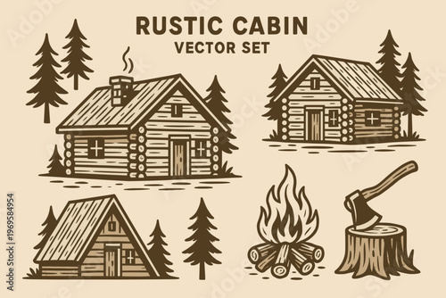 Craft a vintage logo set featuring rustic cabins, trees, bonfire, and axe. Perfect for outdoor, camping, adventure, or wildernessthemed designs.