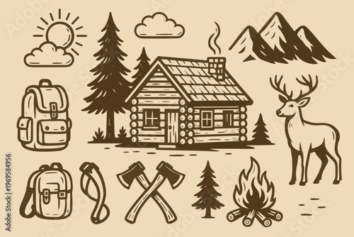 Set of camping and outdoor activities with cabin and deer. Perfect for nature, adventure, camping, and travelrelated design projects.