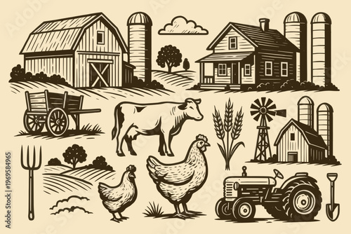 Set design showcasing rustic farm branding with animals, buildings, and tools. Ideal for agricultural businesses seeking a charming, rural theme.