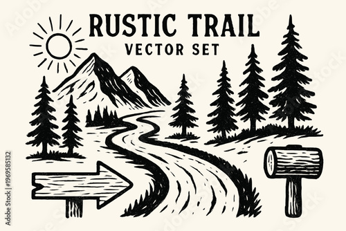 Set with rustic trail elements in black and white. Perfect for natureinspired branding projects seeking a scenic aesthetic.