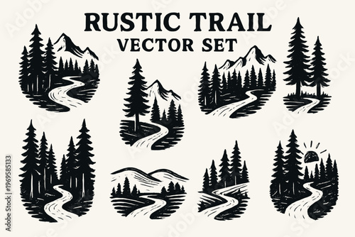 Options for rustic mountain trail scene logo set for outdoor brands. Scenic, versatile, outdoorsy logos with trees, mountains, trails. Ideal for adventure and naturethemed businesses.