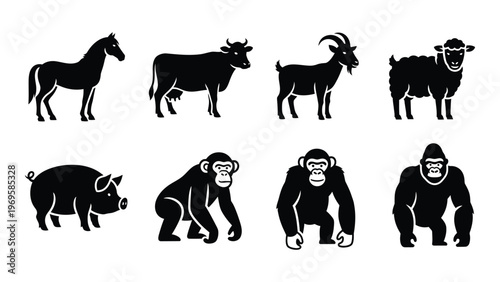 A collection of farm and wild animal silhouettes including horses cows goats pigs monkeys and apes silhouette high quality professional detailed