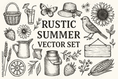 Rustic summer set with farm elements and logos. Perfect for branding, designs, and products with a rural theme.