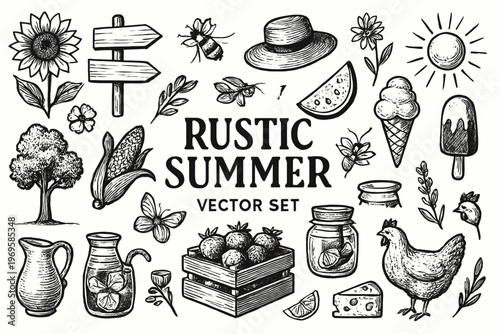 Set with rustic summer illustrations of rural life scenes. Suitable for summer branding and design projects. Rustic charm captured beautifully. Suitable for summer branding and design projects.