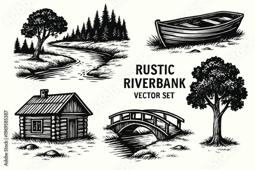 Charming rustic riverbank scene with cabin boat and trees for naturethemed website banners or travel blog backgrounds.