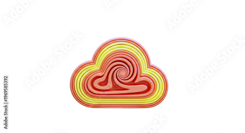 3D Rendered Cloud Icon with Swirl Center in Orange and Yellow