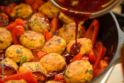 Moroccan Fish Patties Frying in Pan During Passover Holiday Traditional Homemade Cooking Process Close Up of Fish Balls in Oil