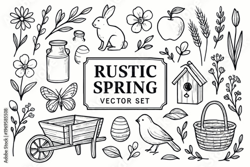 Set with rustic spring elements. Perfect for outdoor brands or easter promotions needing a fresh and natureinspired design.