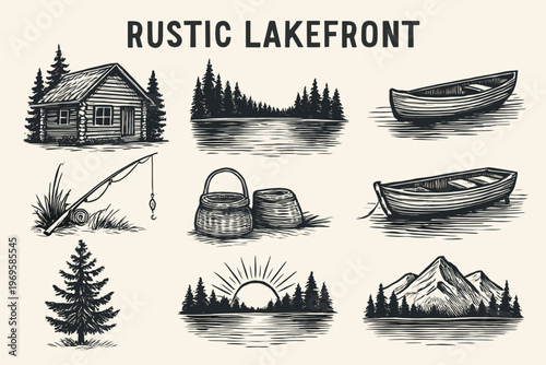 Rustic lakefront cabin logos suitable for outdoor brands. Charming vector designs for natureinspired companies seeking a rustic aesthetic.