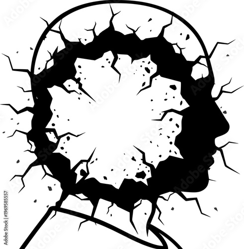 Human head silhouette cracking and breaking, symbolizing mental health issues, stress, burnout, or a mind-blowing idea. Vector illustration for psychology and emotional concepts.