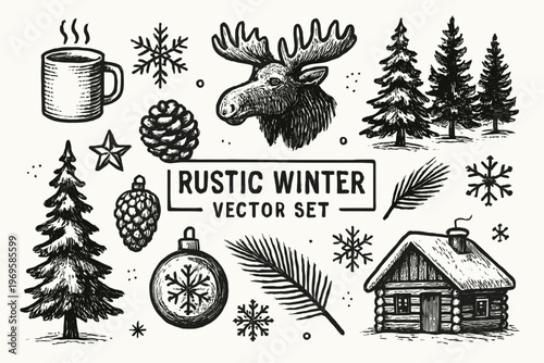 Set of rustic winter illustrations for charming project designs. Perfect for cozy holiday decorations, winterthemed stationery, and festive branding.