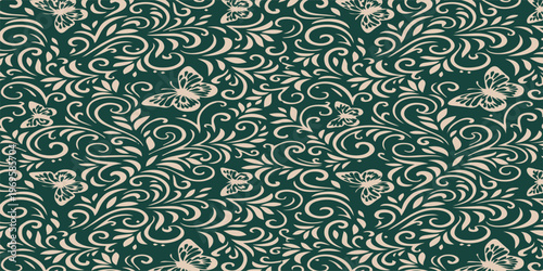 Elegant Green and White Swirls with Butterflies Pattern.