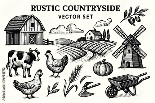 Set of rustic countryside scene with farming animals and tools. Ideal for agricultural business branding and marketing materials.