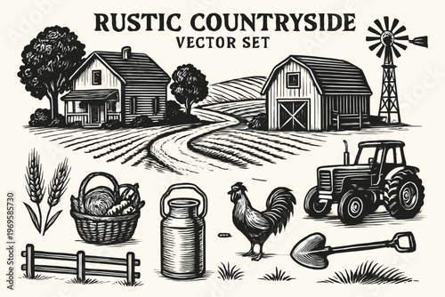 Set vector logo set captures rustic countryside charm with farm elements, suitable for agricultural, handmade, or artisan businesses.