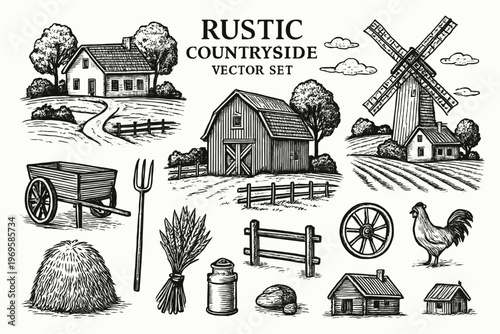 Set illustrating rustic countryside farms, barns, and agriculture tools. Perfect for farmrelated businesses, food brands, and agricultural products.