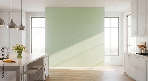 Bright modern kitchen interior with island, pendant lights, and green accent wall, real estate, wood floor, living space, recessed lighting, overhead light, architecture interior