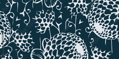 Abstract floral pattern with stylized white flowers on a dark blue background.