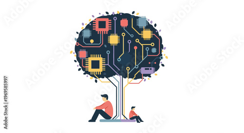 Man and child under circuit tree.