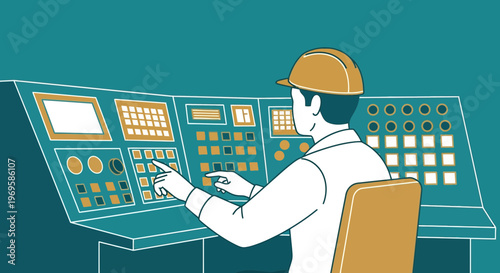 Man in hardhat working industrial control.