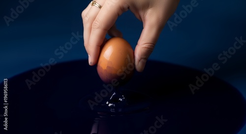 Close-up of a hand gently dropping a brown egg into dark blue liquid, causing ripples and splashes, fluid dynamics, surface tension, still life