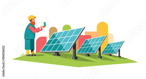 Man Inspecting Solar Panels Closely Outdoors.