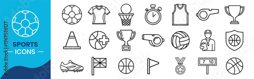 Sports icons set, thin line athletic equipment and competition symbols including football, basketball, trophy and referee vector illustration
