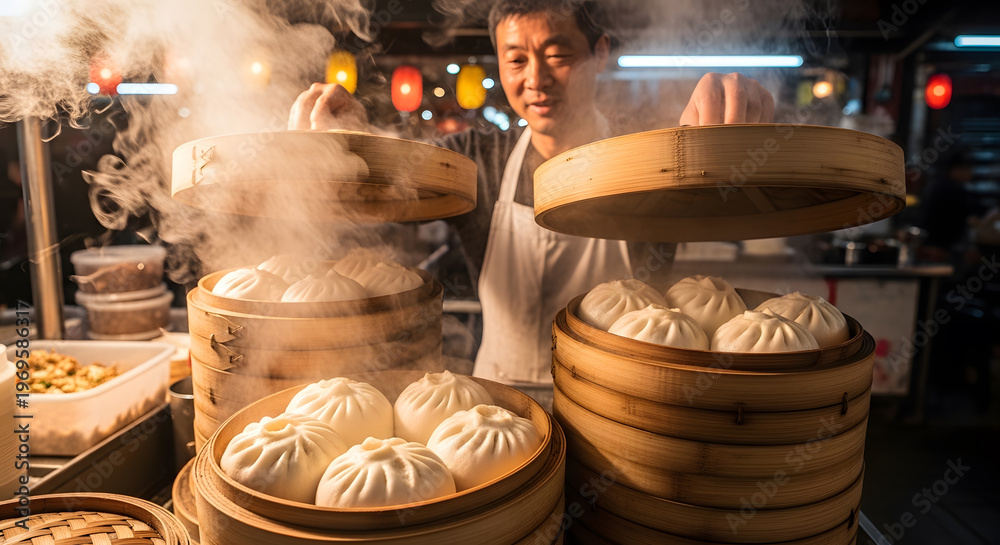 Fototapeta premium Chef Opening Bamboo Steamers with Fresh Hot Bao Buns in Street Market