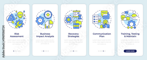Stages of business continuity planning onboarding mobile app screen. Walkthrough 5 steps editable graphic instructions with linear concepts. UI, UX, GUI. Montserrat SemiBold, Regular fonts used