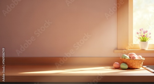 Easter eggs in a basket on a sunlit windowsill with religious holiday with egg hunt with colorful eggs with painted eggs with table decor with family holiday with home decor with light and shadow