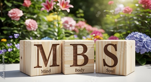 Wooden blocks with mind, body, soul carved on them in garden