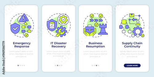 Key components of business continuity plan onboarding mobile app screen. Walkthrough 4 steps editable graphic instructions with linear concepts. UI, UX, GUI. Montserrat SemiBold, Regular fonts used