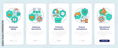 Benefits of business continuity plan onboarding mobile app screen. Walkthrough 5 steps editable graphic instructions with linear concepts. UI, UX, GUI. Montserrat SemiBold, Regular fonts used