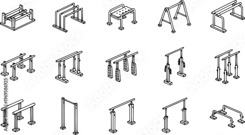 Black and White Line Art Vector Icons of Outdoor Fitness Equipment and Gym Machines