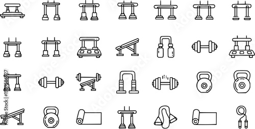 Fitness Equipment Line Icons: Dumbbells, Kettlebells, Mats, Jump Rope, Benches, Bars