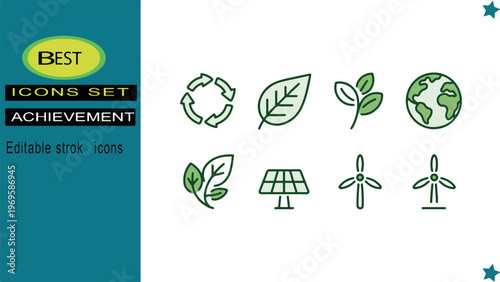 Set of linear environmental conservation icons featuring recycle symbols leaves globe and wind turbines. Vector