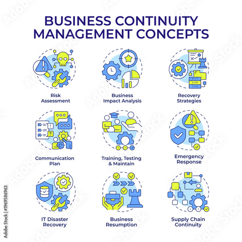 Business continuity management multi color concept icons. Organization readiness for unexpected risks. Safety strategy. Icon pack. Vector images. Round shape illustrations for brochure. Abstract idea