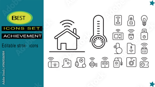 A collection of smart home technology icons featuring automation and security systems. Vector