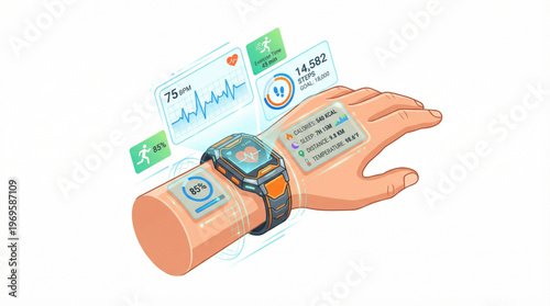 Flat isometric hand wearing a futuristic smartwatch with multiple floating data screens