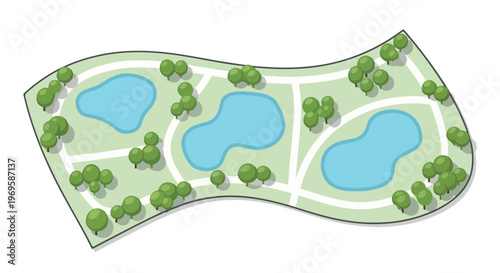 Cartoon Park Map with Ponds, Trees, and Pathways Vector Illustration