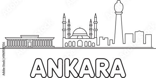 Ankara Turkey City Skyline Line Art Illustration Featuring Anitkabir And Atakule Tower Outline