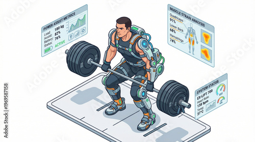 Flat isometric athlete lifting weights with an advanced robotic exoskeleton suit