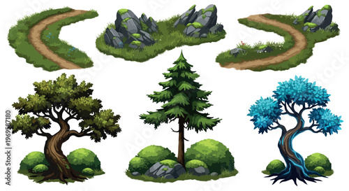 Set of 6 isometric pixel art game assets with paths, rocks, and trees