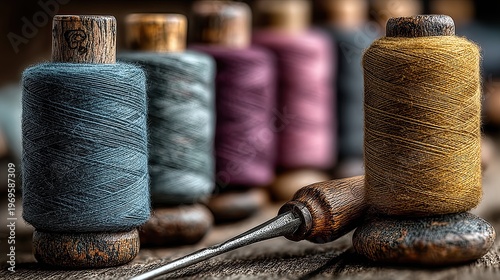 Spools of thread and sewing tools on a wooden table