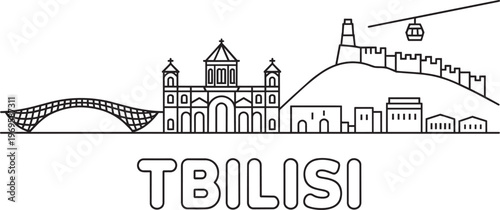 Tbilisi Skyline Illustration Outline Vector City Architecture Bridge Cable Car Landmarks