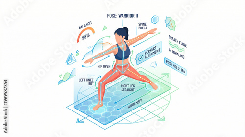 Flat isometric person practicing yoga with holographic alignment guides