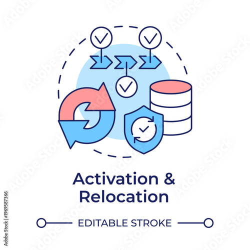 Activation and relocation multi color concept icon. Operations transfer. Phase of operation activation continuity. Round shape line illustration. Abstract idea. Graphic design. Easy to use in booklet