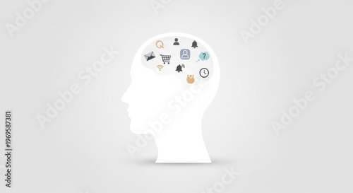 Human Brain Silhouette With Geometric Digital Thought Icons and Abstract Concepts