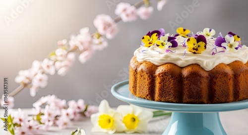 Decorated easter cake with frosting and edible flowers with chocolate cake with vanilla cake with blue cake stand with floral decoration with sugar flowers with pastry chef with whipped cream