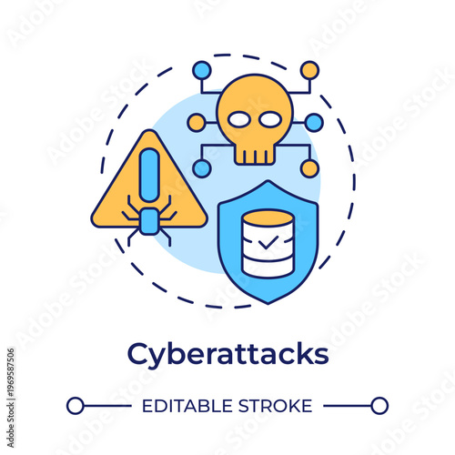 Cyberattacks multi color concept icon. Digital systems damage maintenance. Variety of unexpected occurrences. Round shape line illustration. Abstract idea. Graphic design. Easy to use in booklet